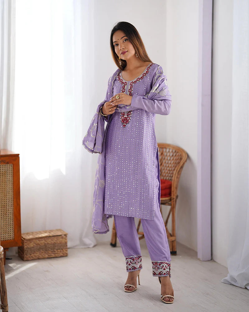 Womenline Light Purple Color Chinon Silk Three Piece Kurti Suit
