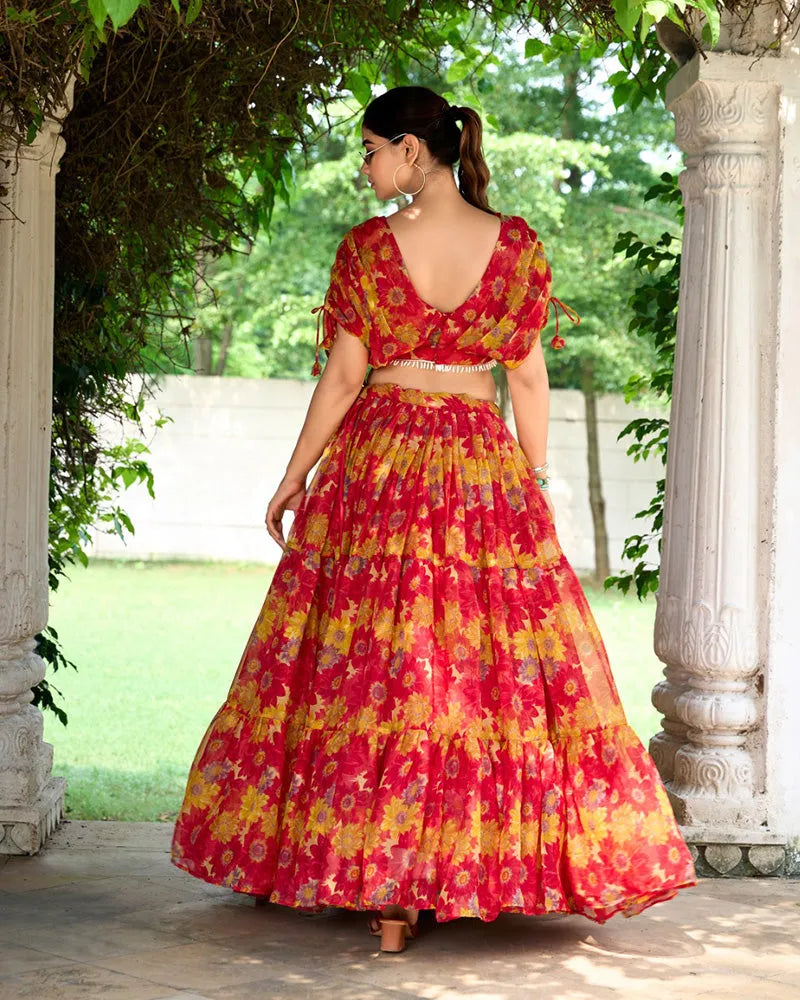 Womenline Red Color Chiffon Printed Crop Top Lehenga Choli