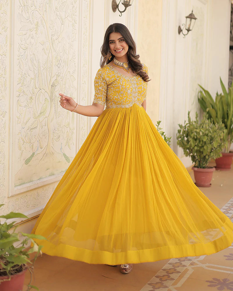 Womenline Yellow Color Faux Blooming Zari sequence Embroidered Gown