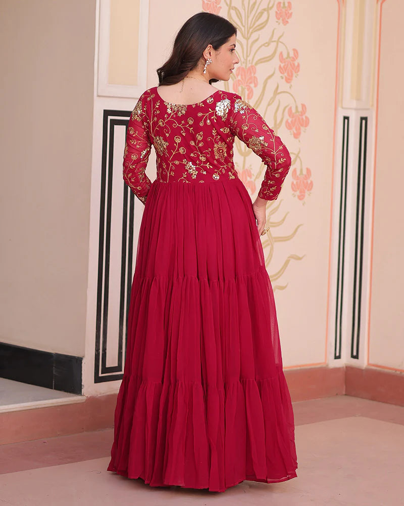 Womenline Elegant Rani Pink Floor-Length Gown With Golden Threadwork