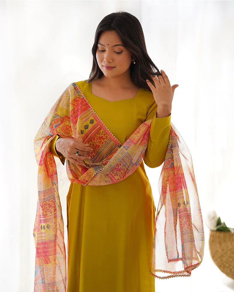 Womenline Yellow Color Viscose Ready To wear Three Piece Kurti Suit