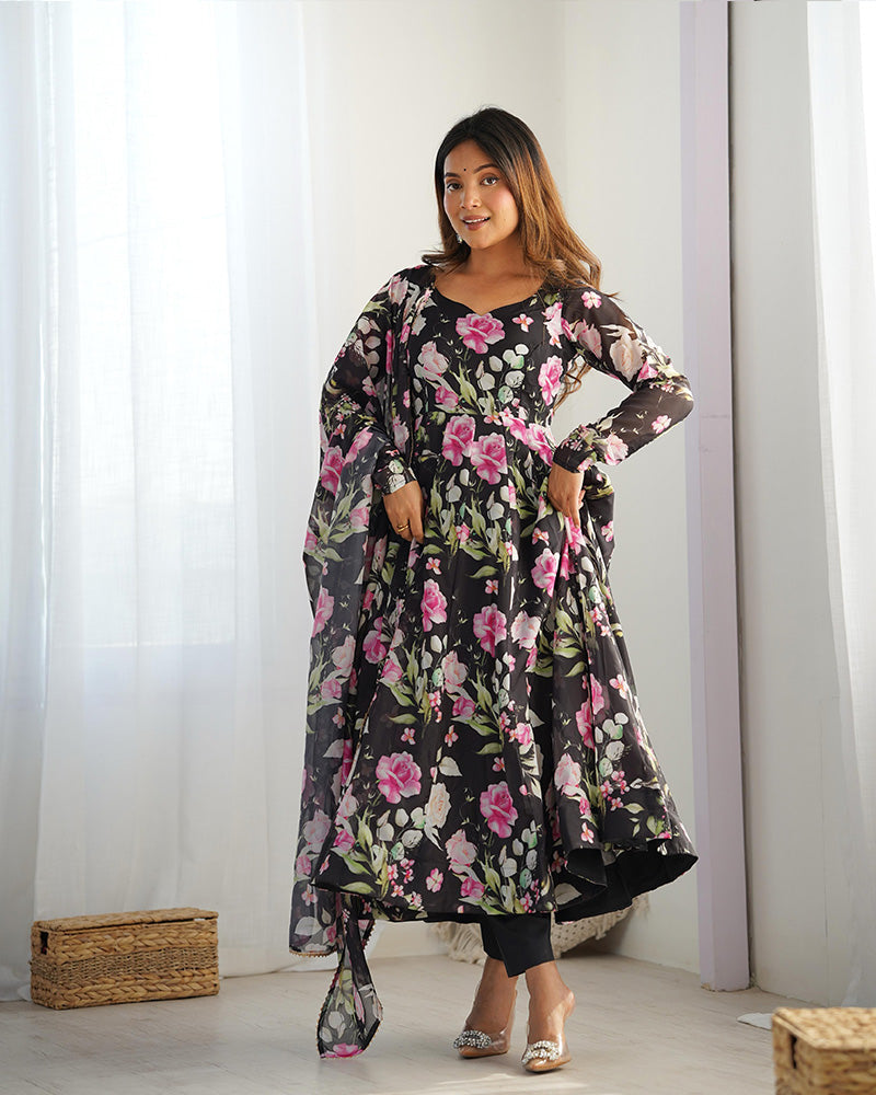 Womenline Black Color Pure Soft Organza Three Piece Anarkali Suit