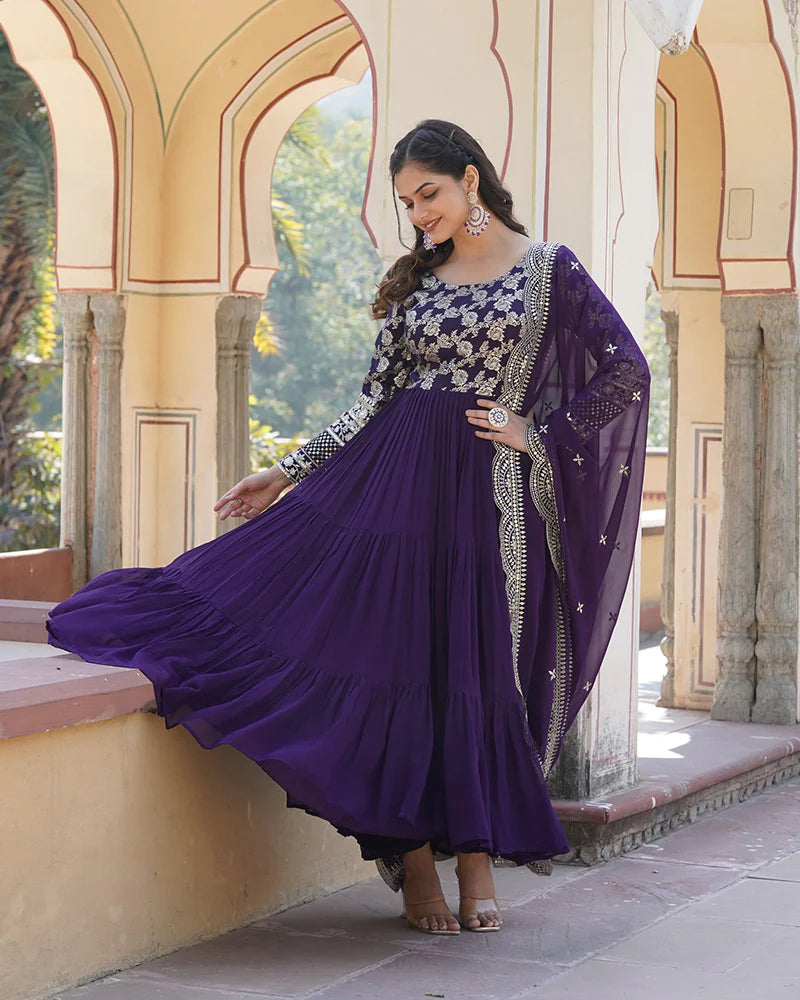 Womenline Purple Color Anarkali Gown With Faux Blooming Dupatta