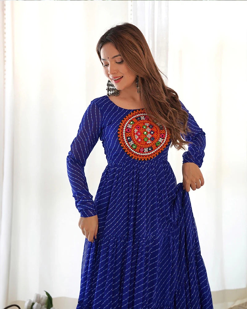 Womenline Royal Blue Color Georgette Laheriya Print Navratri Gown