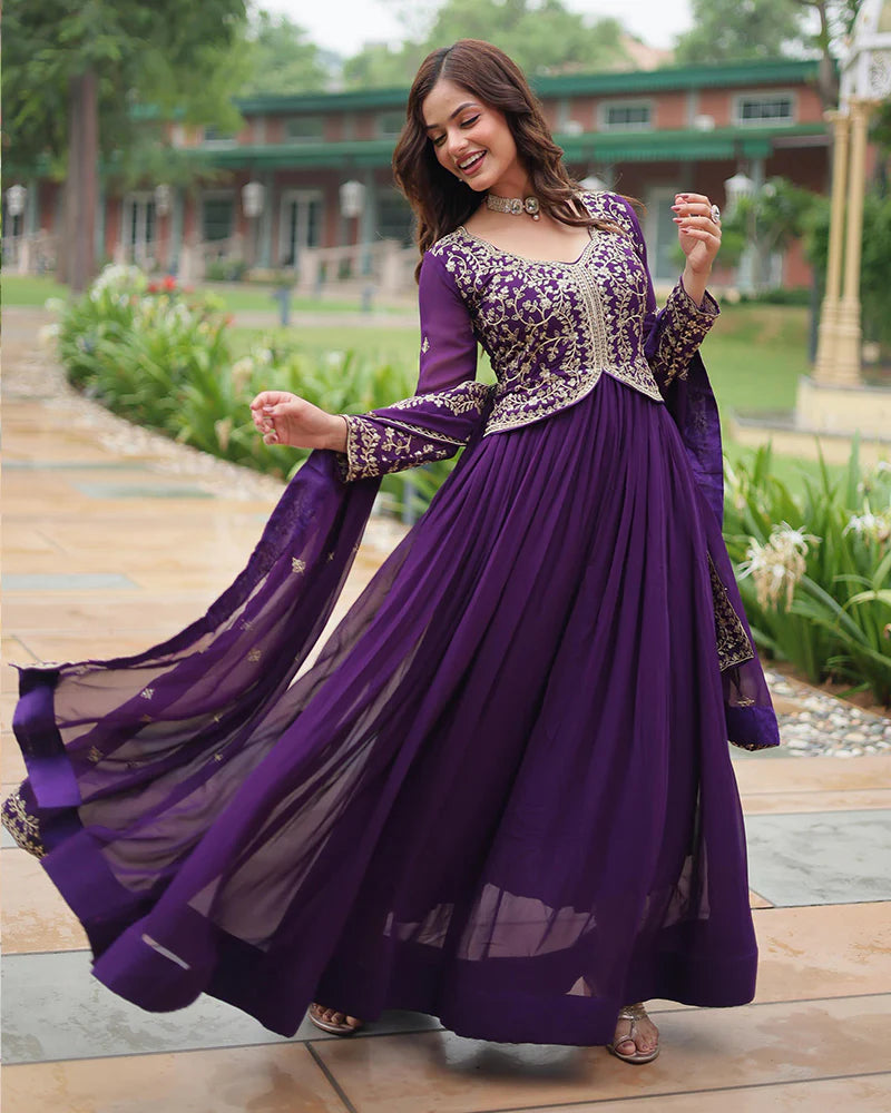 Womenline Purple Color Faux Blooming Multi Embroidered Work Gown