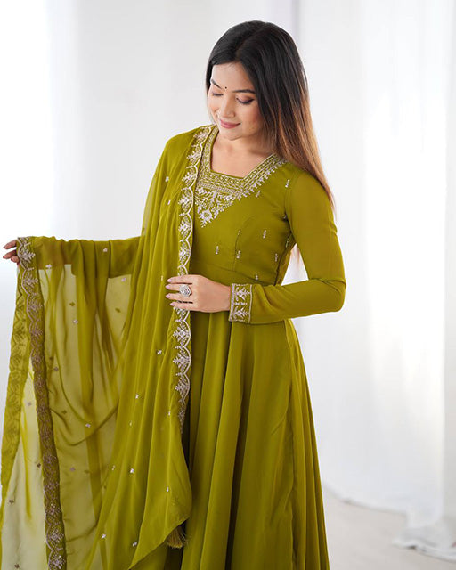Womenline Mehndi Green Color Georgette Embroidered Three Piece Anarkali Suit