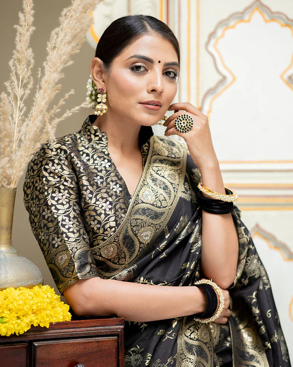 Womenline Black Color Banarasi Jacquard Zari Weaving Saree