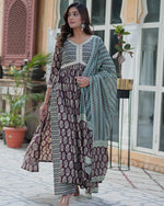 Womenline Coffee Brown Color Printed Pure Cotton Three Piece Kurti Suit