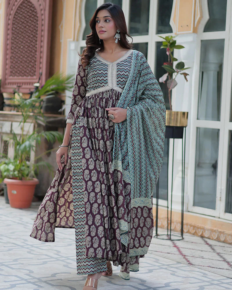 Womenline Coffee Brown Color Printed Pure Cotton Three Piece Kurti Suit