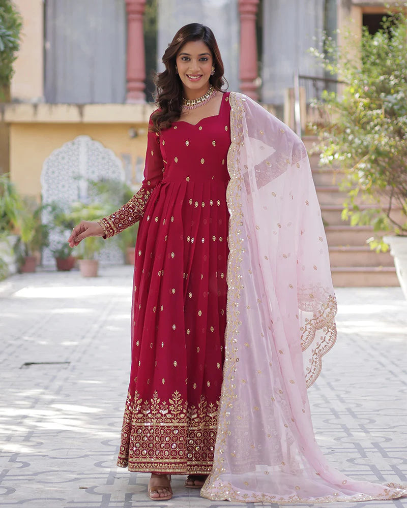Womenline Royal Rani Color Faux Blooming Zari Embroidered Work Gown