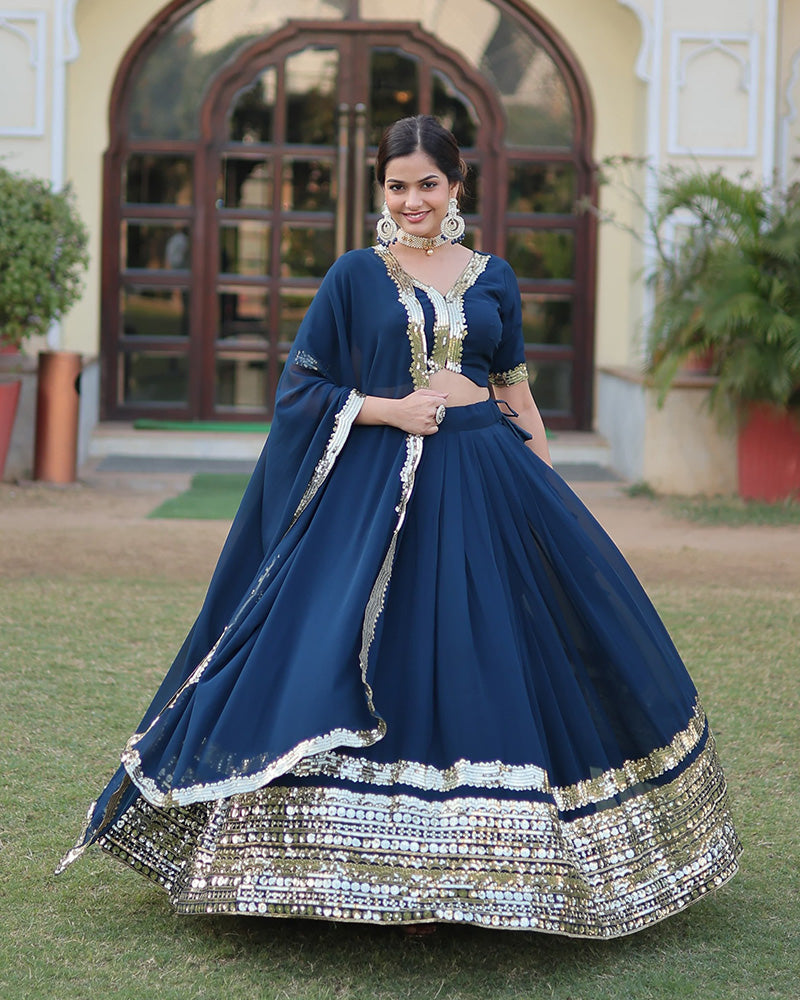 Womenline Rama Color Georgette Sequence Embroidery Lehenga Choli