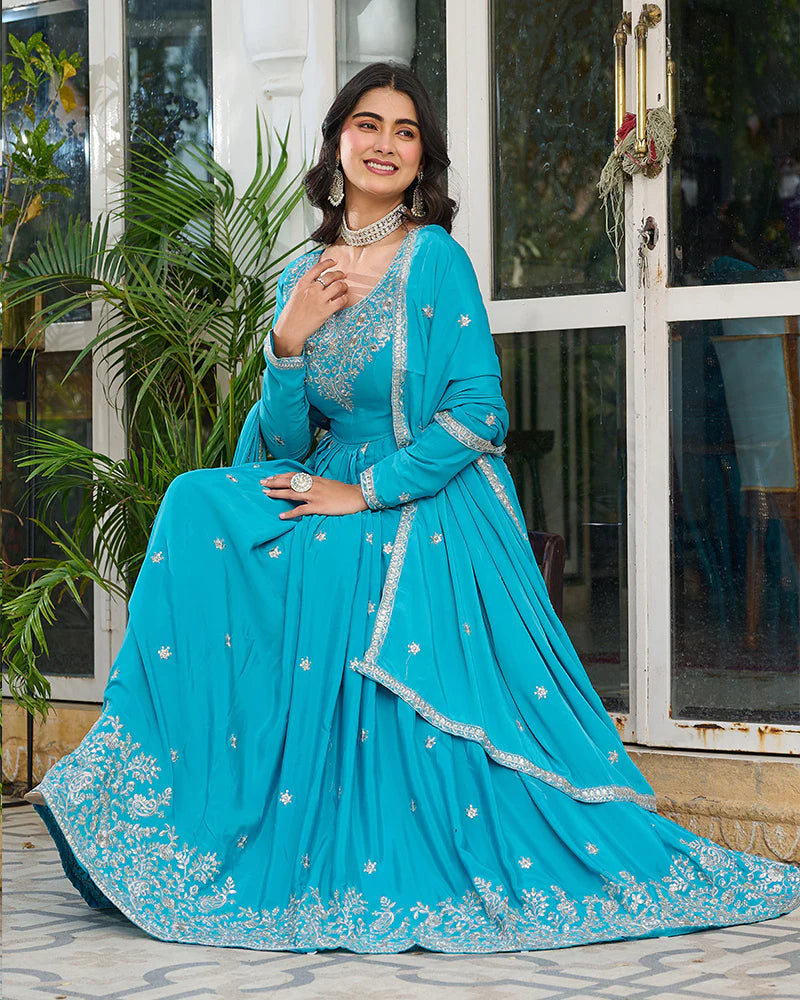 Womenline Sky Blue Color American Silk Thred with Sequnce work Gown