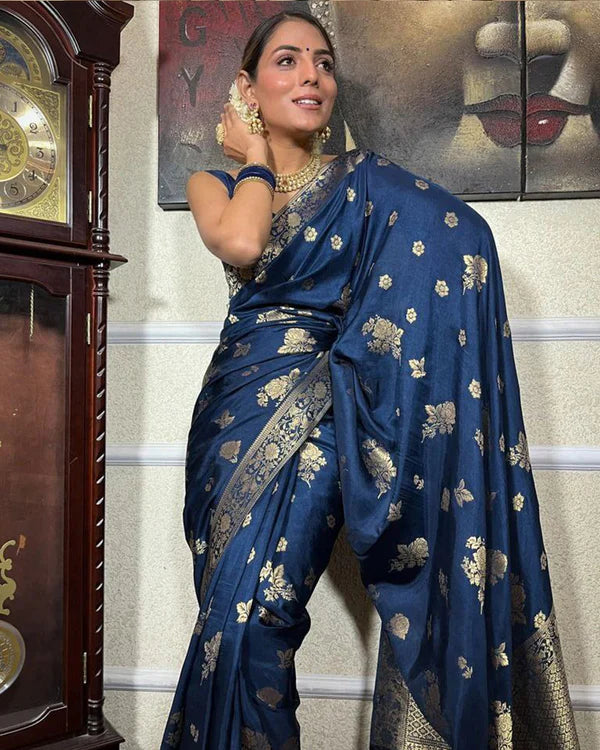 Womenline Royal Blue Color Big Flower Design Banarasi Soft Silk Saree