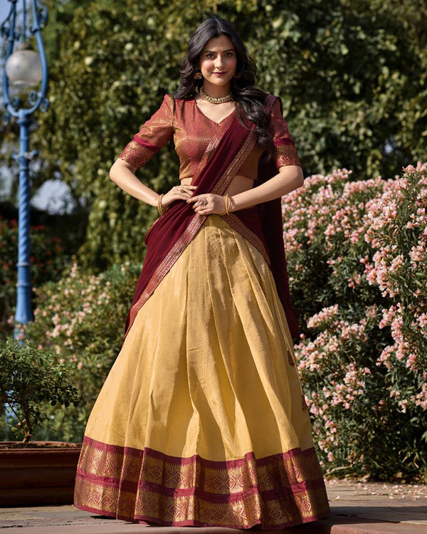 Womenline Cream Color Kanchipuram Silk Designer Half Saree