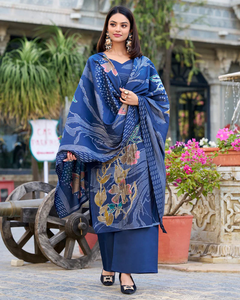 Womenline Navy Blue Color Roman Silk Three Piece Kurti Suit