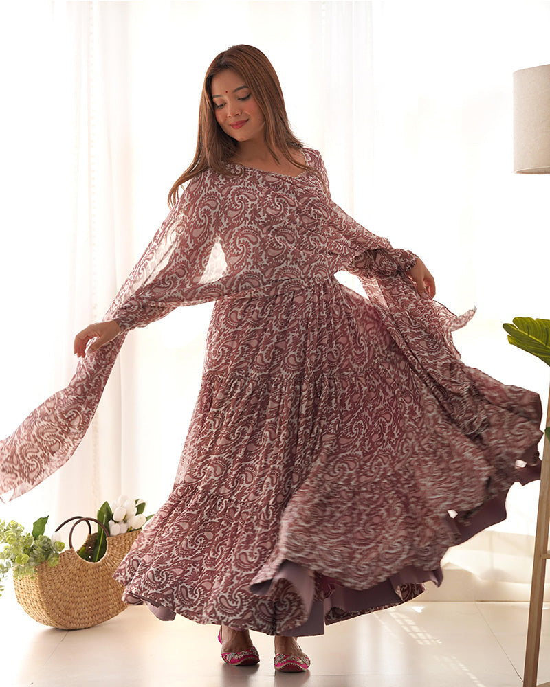 Womenline Brown Color Soft Georgette Ruffle Style Anarkali Suit