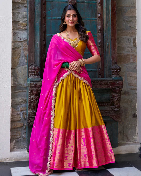 Womenline Mustard Color Narayan Pattu Silk Designer Half Saree