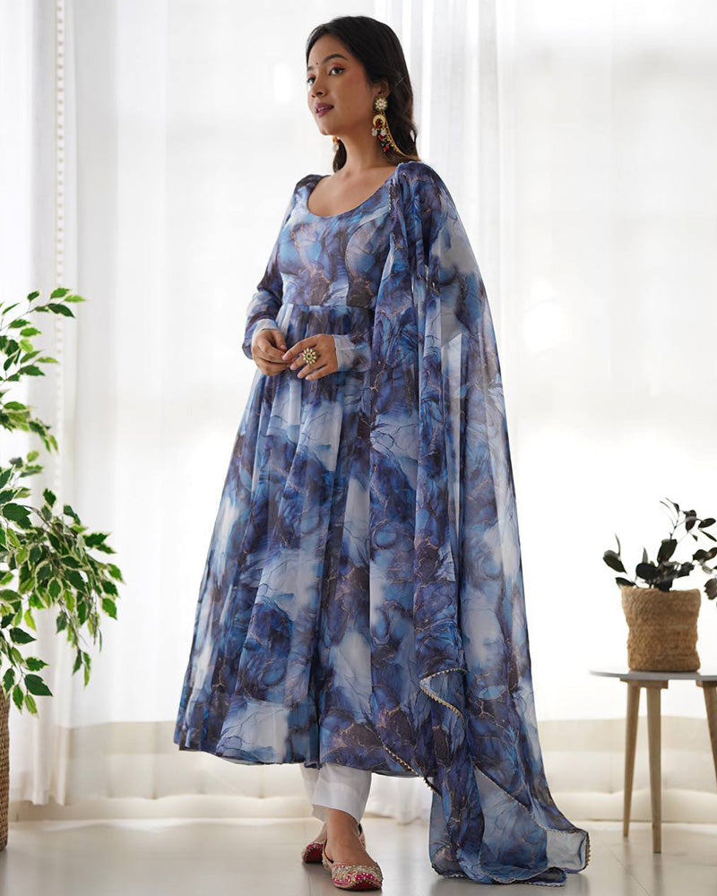 Womenline Navy Blue Color Pure Soft Organza Three Piece Anarkali Suit