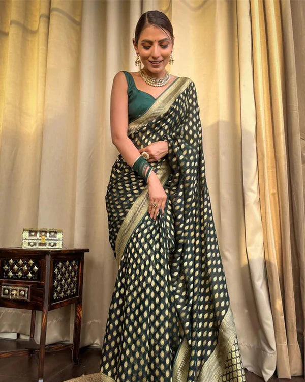 Womenline Beautiful Green Color Banarasi Jacquard Weaving Saree