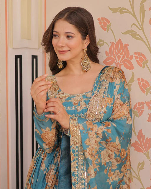 Womenline Sky Blue Color Russian Silk Embroidered Gown