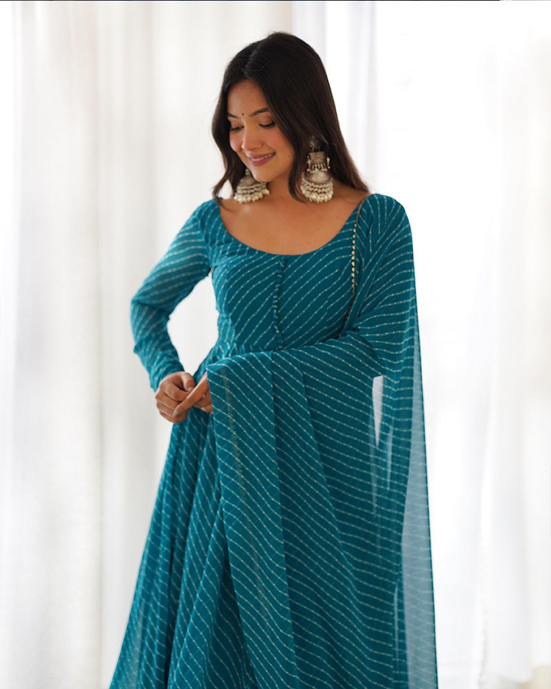 Womenline Rama Color Laheriya Print Georgette Three Piece Anarkali Suit