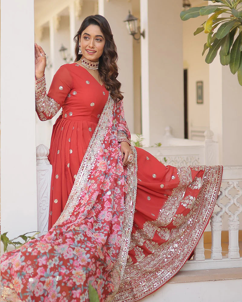 Womenline Red Color Faux Georgette Designer Gown With Dupatta
