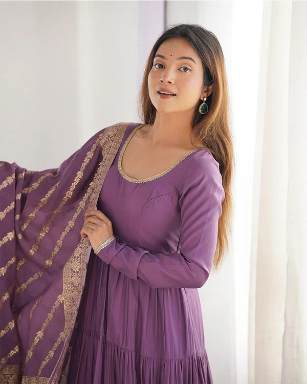 Womenline Dusty Purple Color Pure Roman Silk Ruffle Style Anarkali Suit