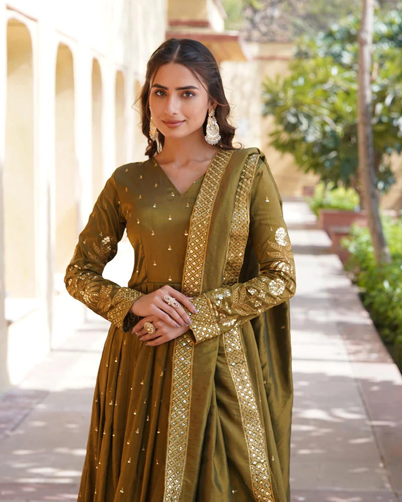 Womenline Designer Mehndi Color embroidered Viscose Cosmos Gown With Dupatta