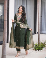Womenline Green Color Roman Silk Embroidered Three Piece Kurti Suit