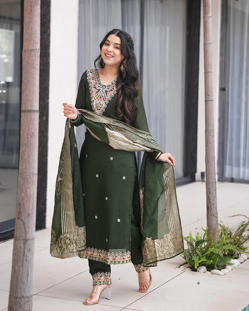 Womenline Green Color Roman Silk Embroidered Three Piece Kurti Suit