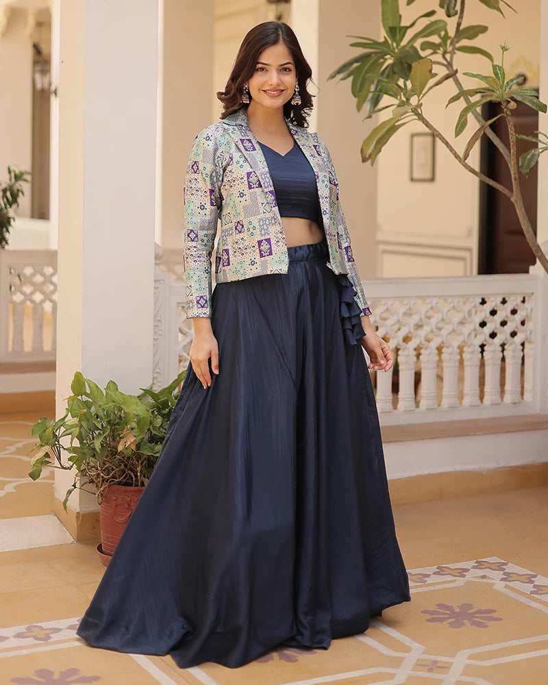 Womenline Navy Blue Color Pure Chinnon Lehenga Choli