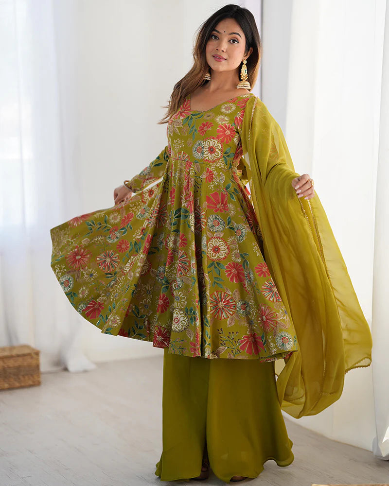 Womenline Mehndi Color Roman Silk Discharge Printed Plazzo Suit