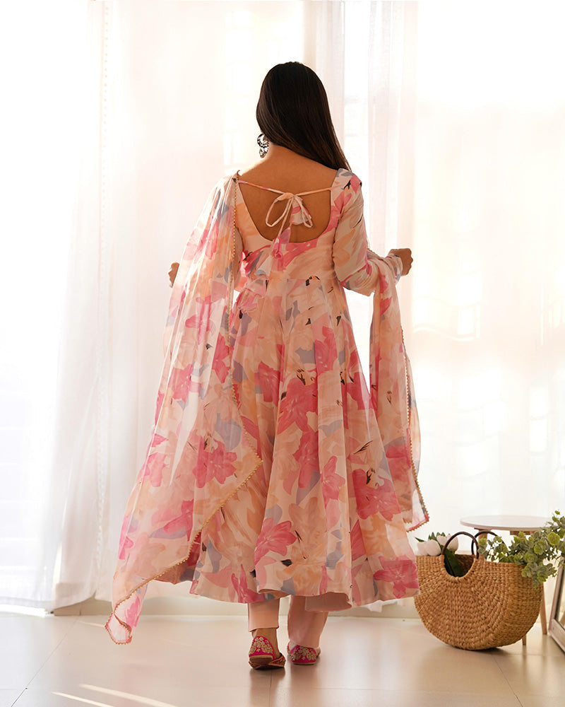 Womenline Beautiful Baby Pink Multi Color Georgette Three Piece Anarkali Suit