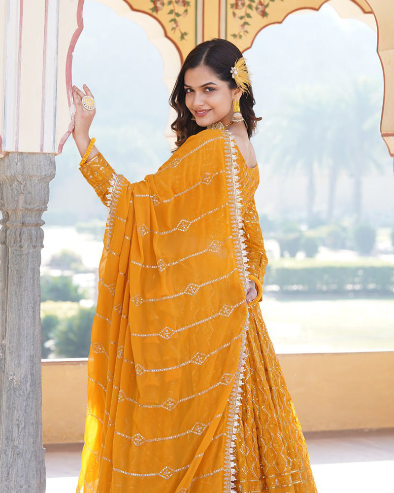 Womenline Yellow Color Georgette Heavy Embroidery Threaded Semi Stitched Lehenga Choli