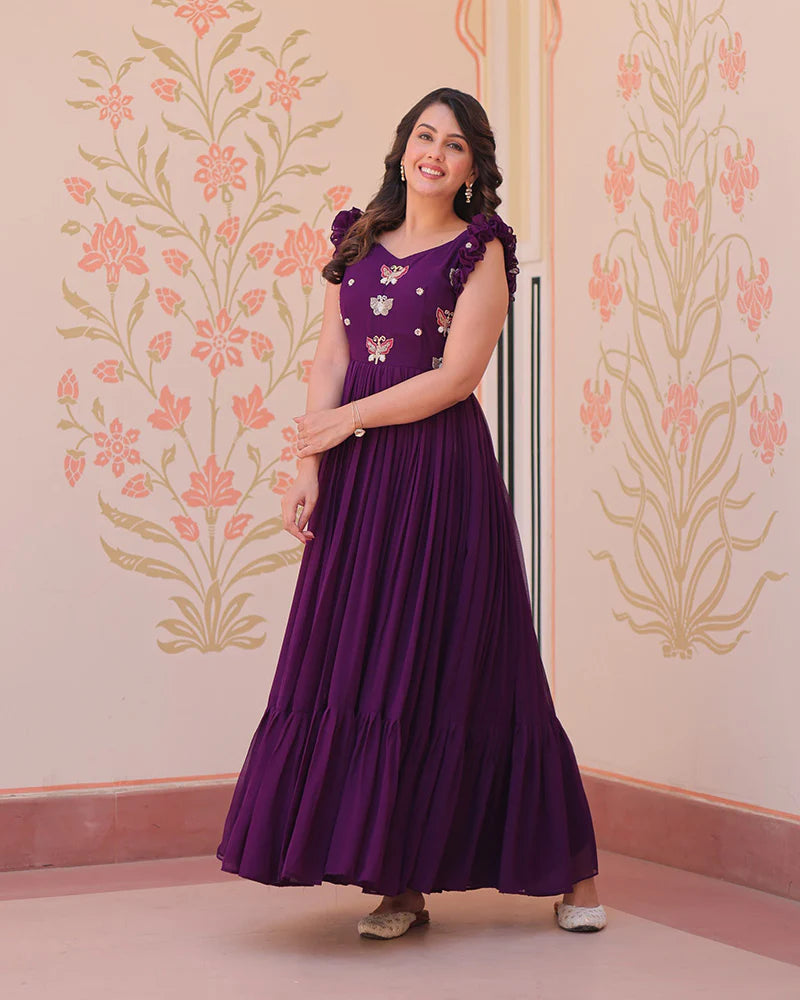 Womenline Wine Color Faux Blooming Embroidered work Gown