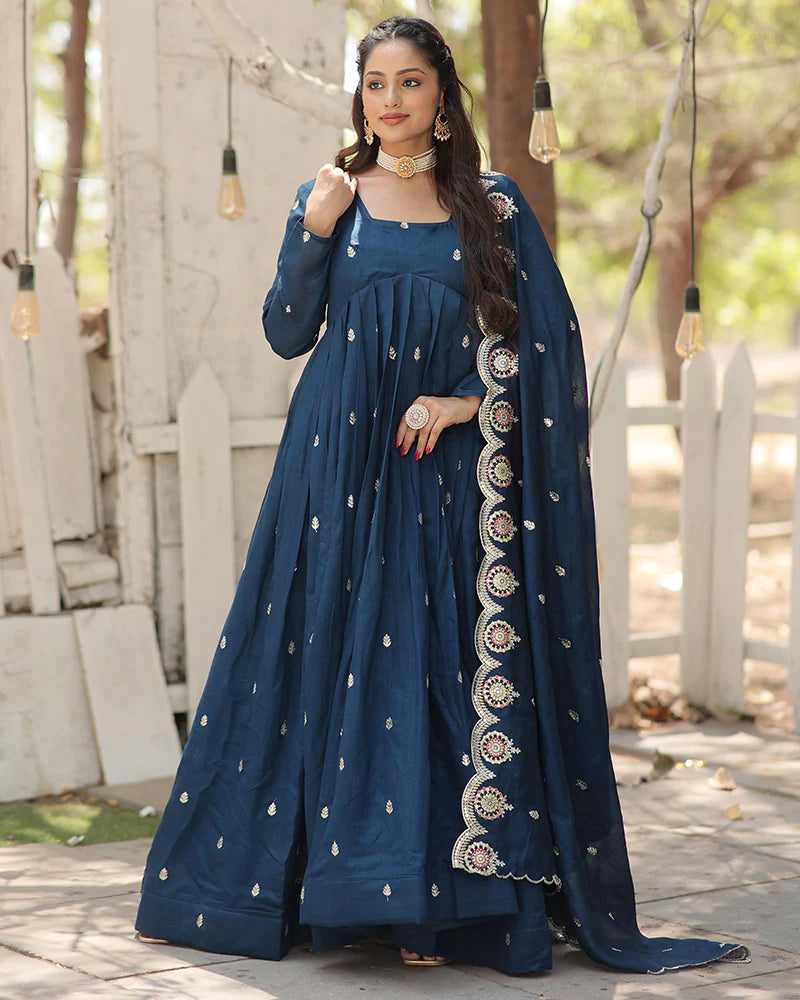 Womenline Rama Color Vichitra Shimmer Sequence Embroidered Gown