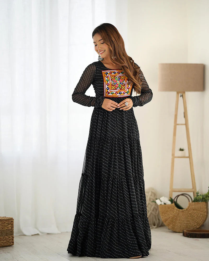 Womenline Black Color Georgette Laheriya Print Navratri Gown
