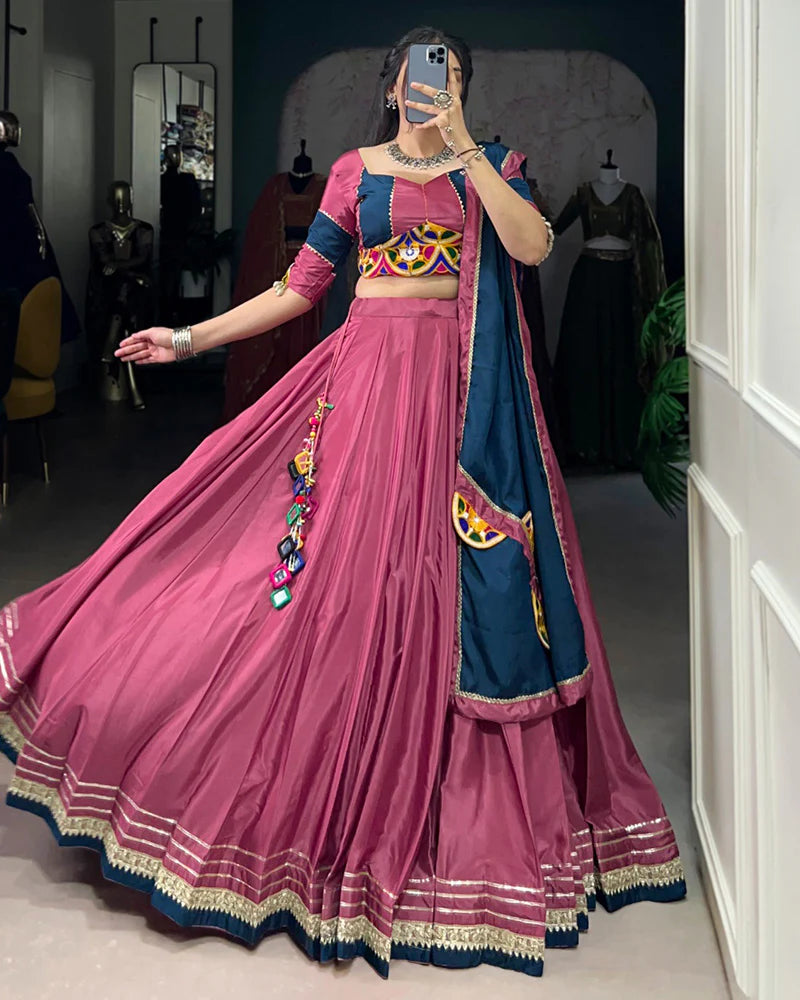 Womenline Graceful Pink And Navy Blue Silk Crape Lehenga Choli With Elegant Dupatta