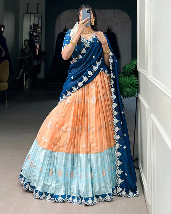 Womenline Orange Color Zari Kota Embroidered Half Saree