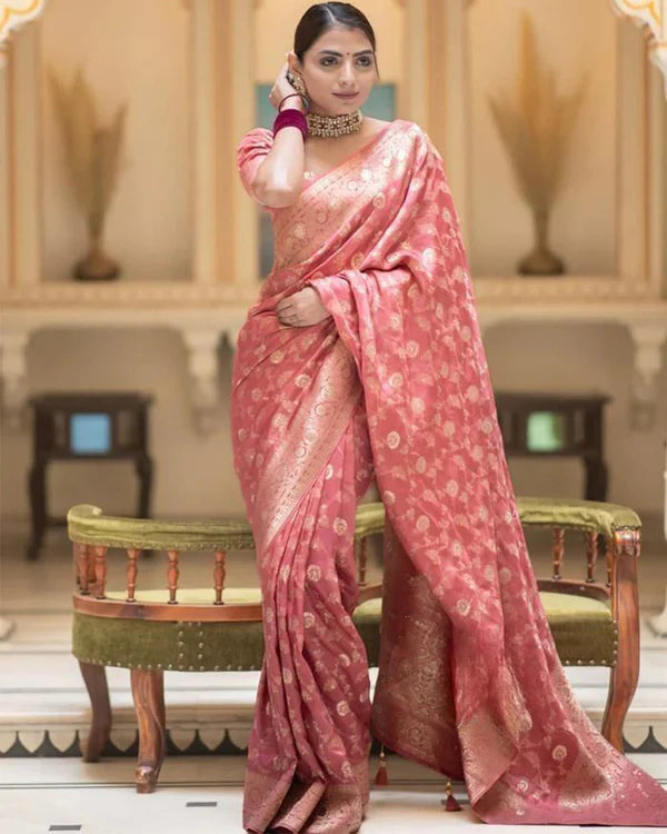 Womenline Orange Color Banarasi Jacquard With Zari Work Saree