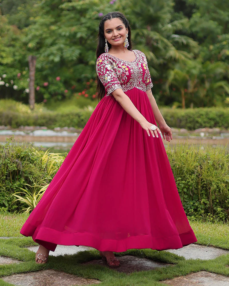 Womenline Rani Pink Color Faux Blooming Embroidered Gown