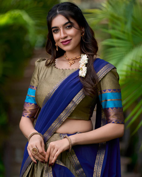 Womenline Chikoo Color Poly Cotton Zari Weaving Work Half Saree