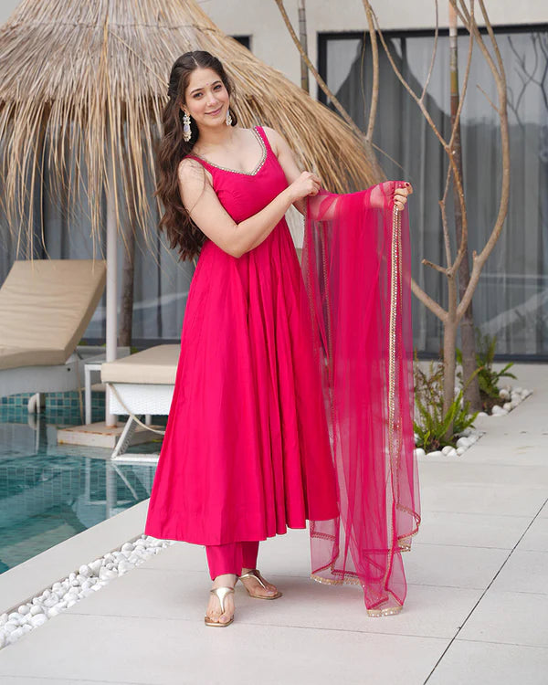 Womenline Rani Pink Color Chanderi Pure Roman Silk Anarkali Suit