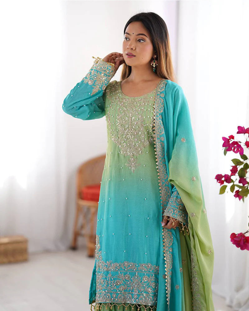 Womenline Pista Green Color Chinnon Sequence Work Plazzo Suit