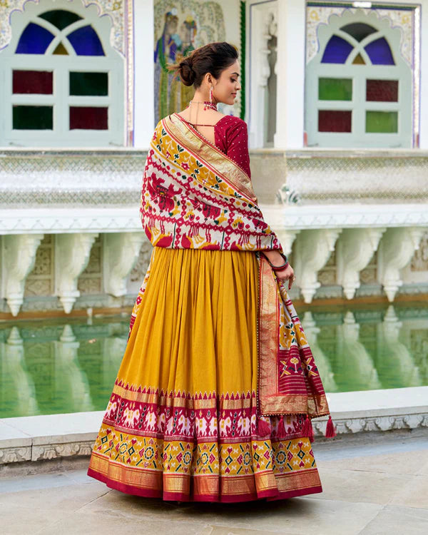 Womenline Mustard Color Tussar Silk Patola Printed Half Saree