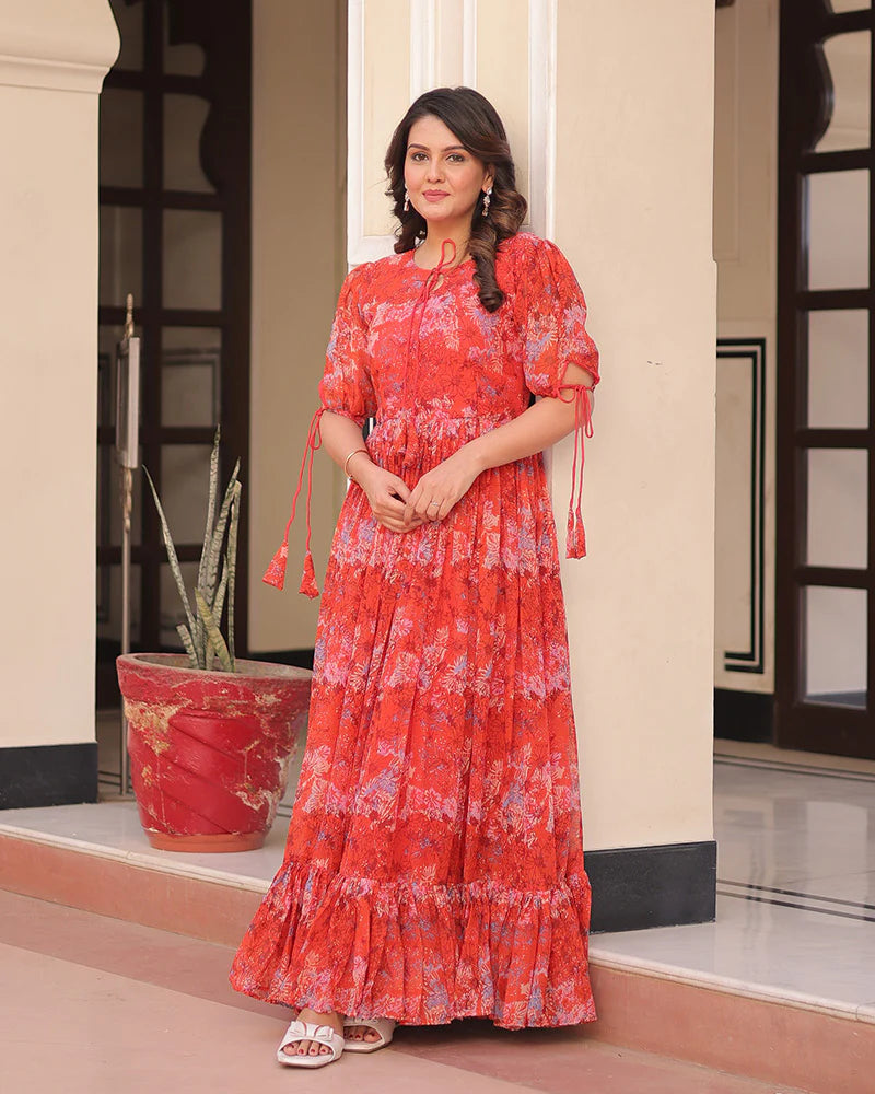 Womenline Orange Color Georgette Printed Gown