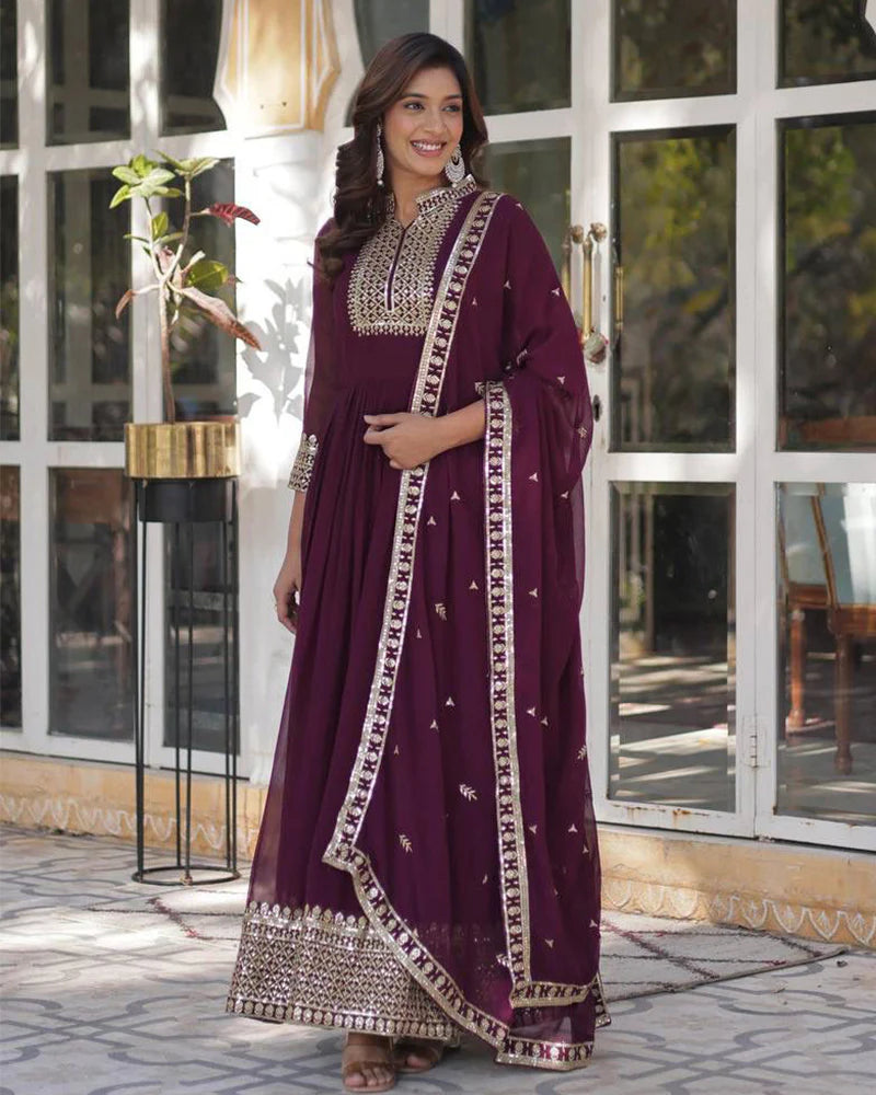 Womenline Wine Color Faux Blooming Rich Embroidered Work Gown