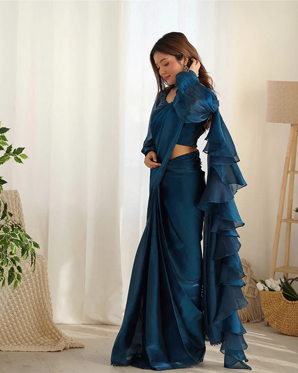 Womenline Teal Blue Color Soft Organza Saree