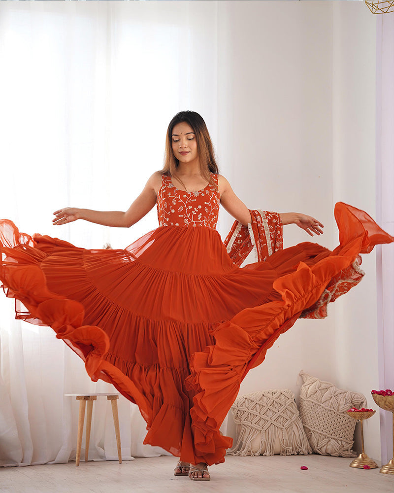 Womenline Orange Color Georgette Five Layer Ruffle Style Anarkali Suit