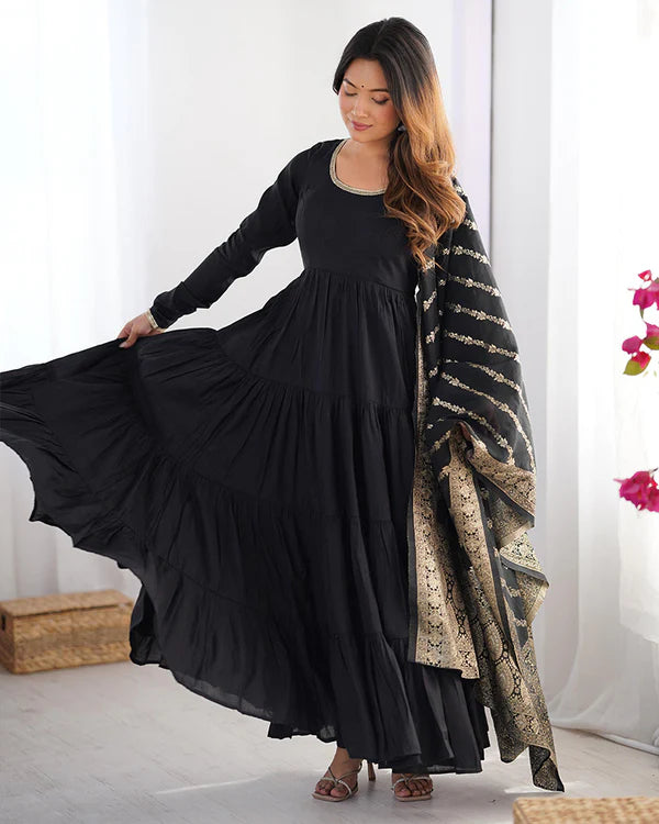 Womenline Black Color Pure Roman Silk Ruffle Style Anarkali Suit